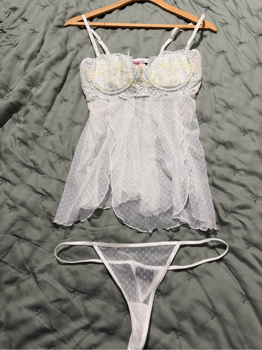 NEW Victoria's Secret White Lace & Sheer Dot Babydoll Set (2pc)